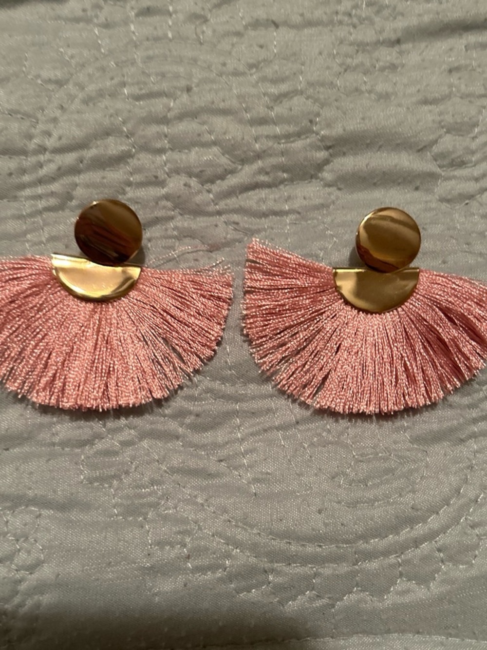 Pink Tassel Fan Drop Earrings with Gold Accent